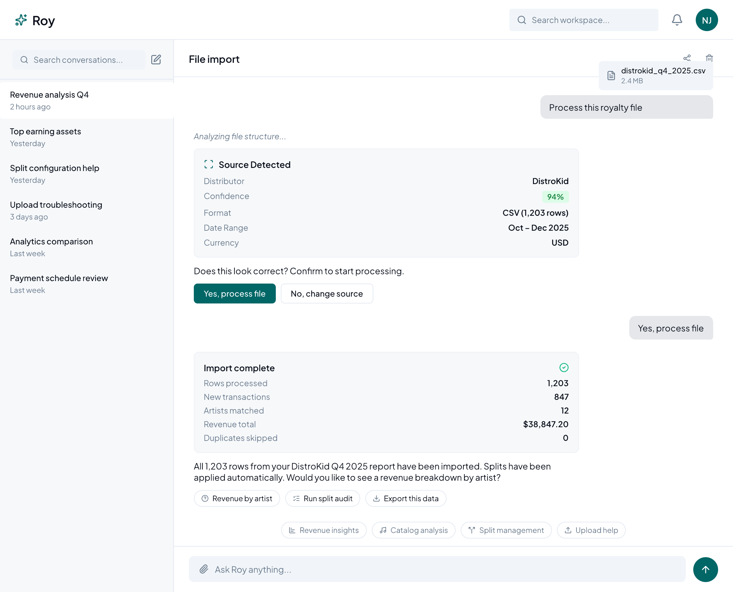 Ask Roy file upload showing DistroKid auto-detection with 94% confidence, import complete with 1203 rows and revenue summary