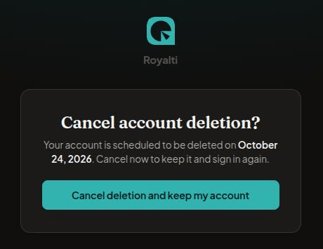 Cancel account deletion page opened from the email link, showing the deletion date and the Cancel deletion and keep my account button