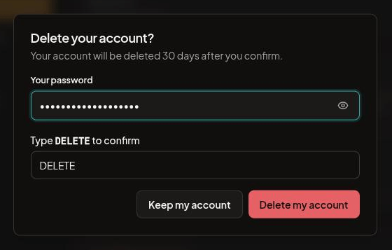 Delete your account dialog with the password entered, DELETE typed in the confirmation box, and the Delete my account button enabled