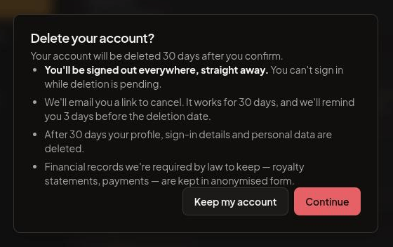 Delete your account dialog summarising the 30-day grace period, immediate sign-out, the cancel email, and what is deleted or kept