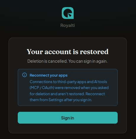 Your account is restored page with the note to reconnect third-party apps and AI tools, and a Sign in button