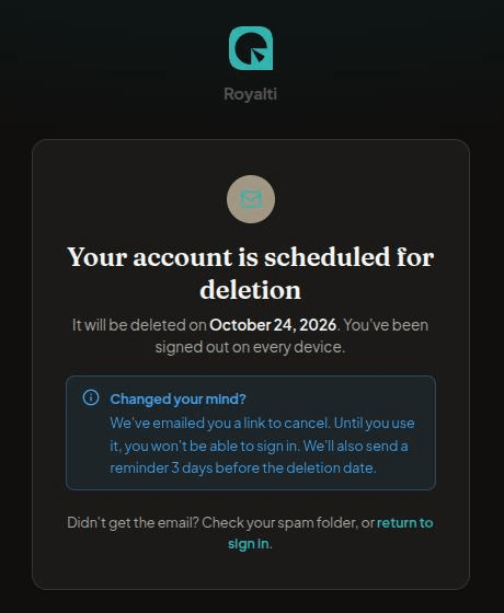Your account is scheduled for deletion page showing the deletion date and the note that a cancel link was emailed