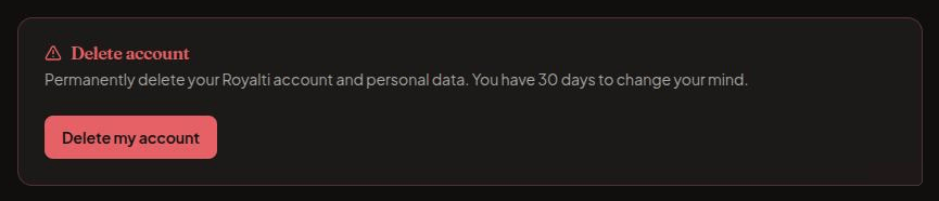 Security settings with the Delete account card and its Delete my account button