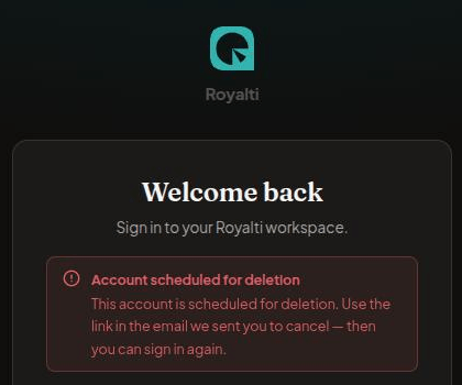 Sign-in page showing the Account scheduled for deletion message with guidance to use the cancel link