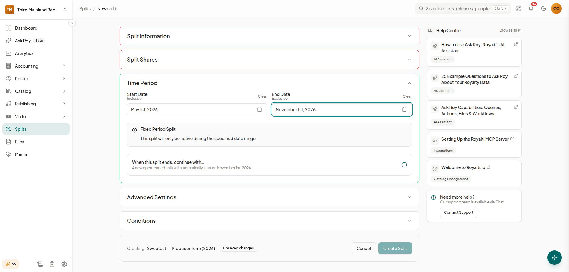 Split form showing Start Date and End Date fields