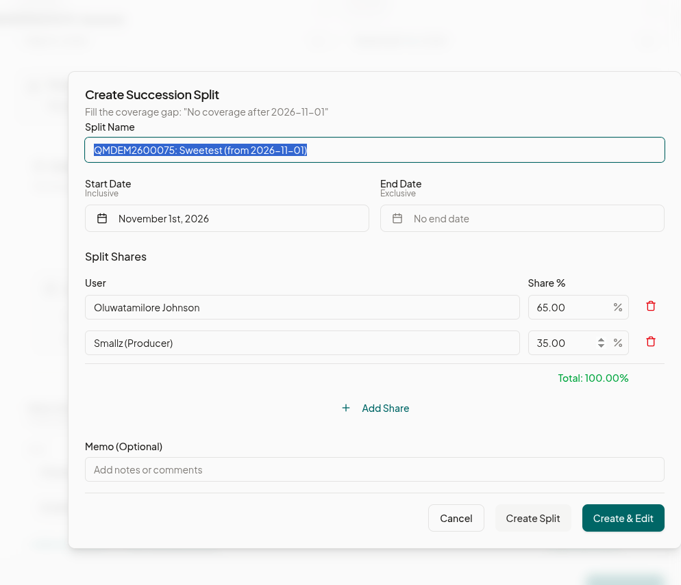 Succession split dialog pre-filled with name, shares, and start date