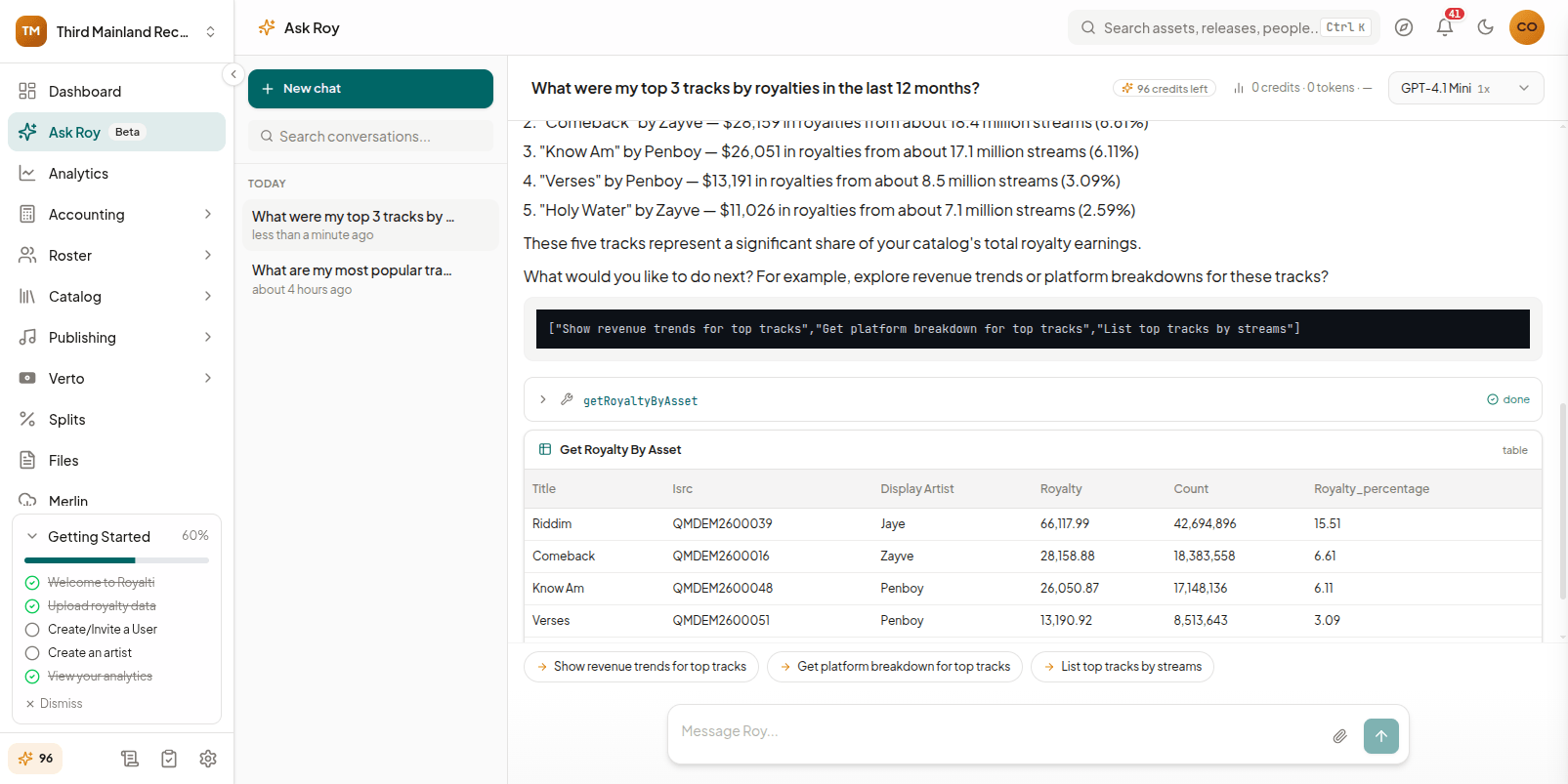 Ask Roy full-page chat view with conversation history sidebar