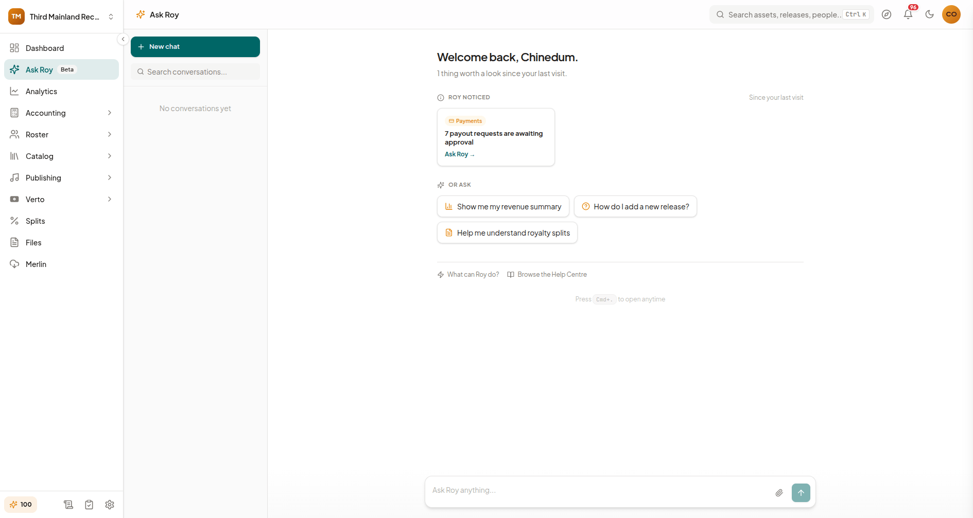 Roy launchpad showing suggested prompts and capability cards