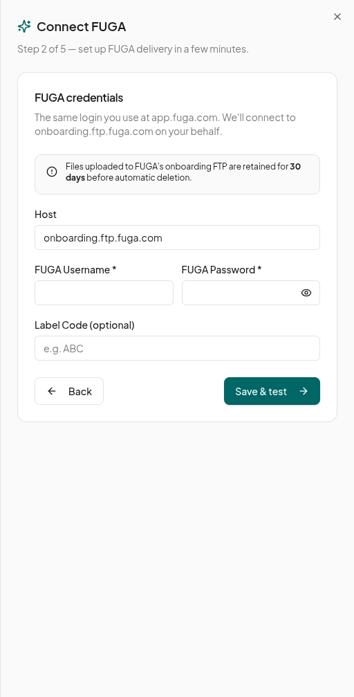 Guided FUGA connection wizard showing the credentials step