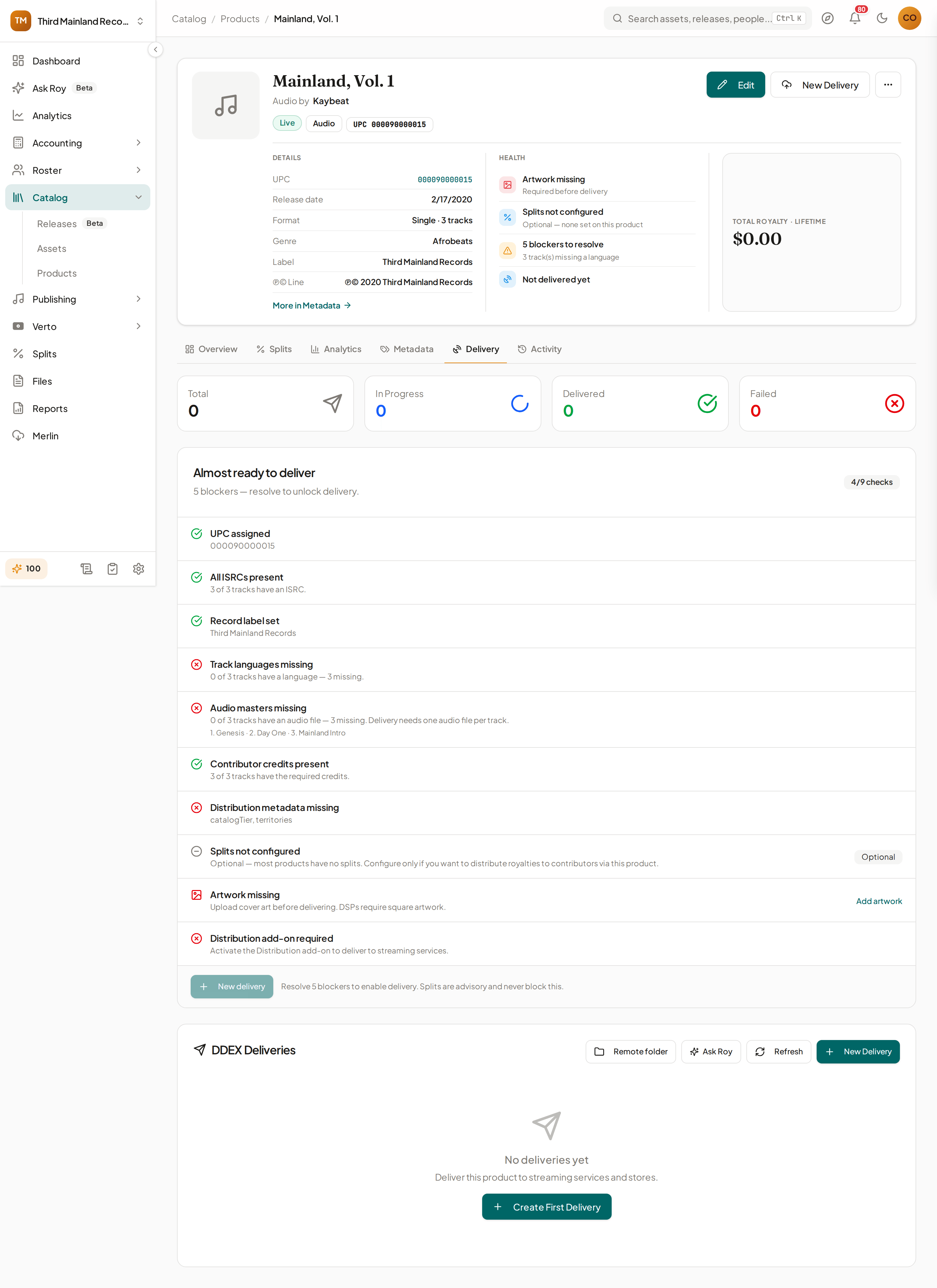 Delivery readiness checklist showing pass and blocker states for UPC, ISRC, record label, track languages, artwork, audio masters, contributor credits, and add-on