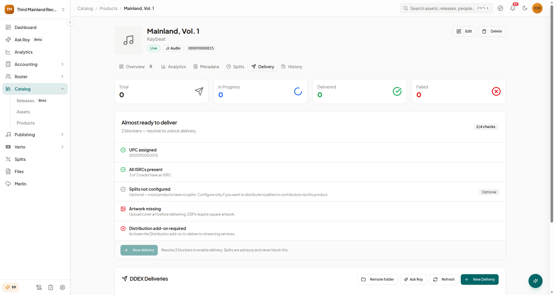 Product Delivery tab showing delivery totals and provider status