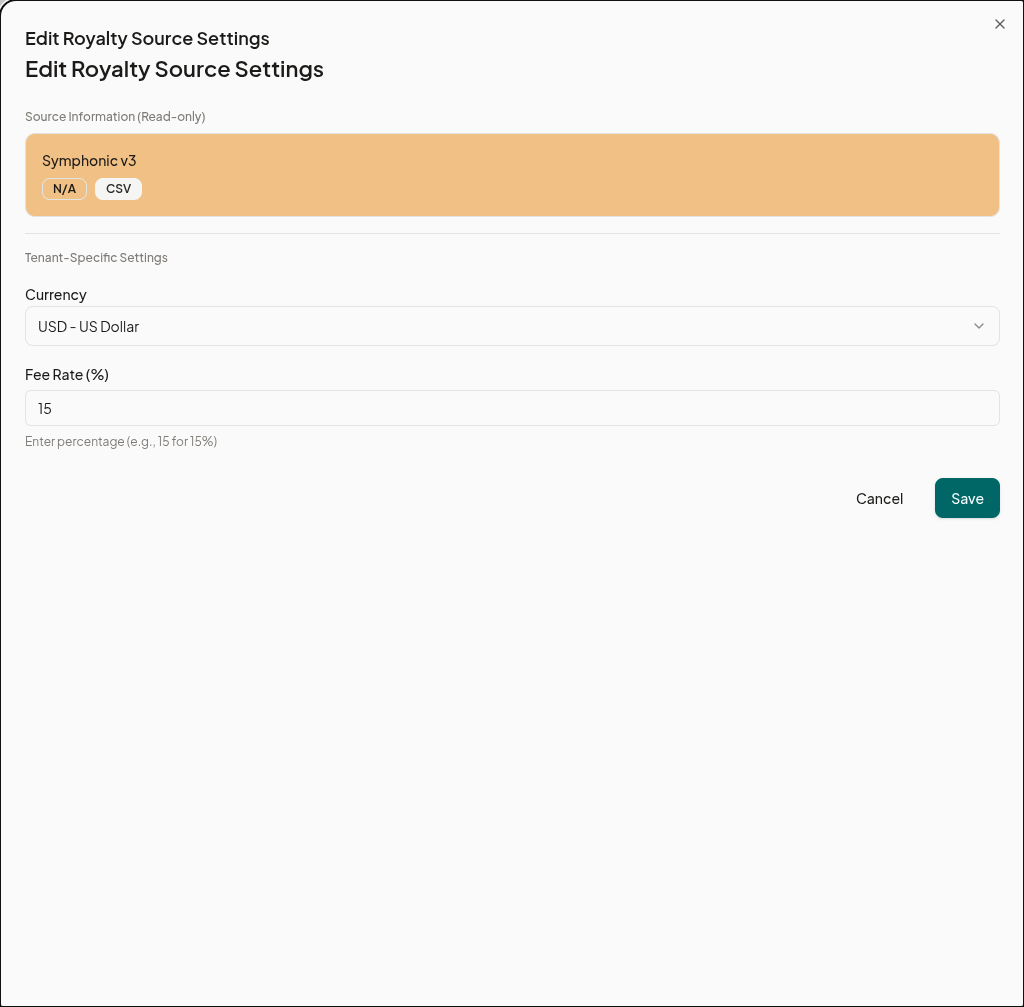 Edit Settings panel for a royalty source showing currency and fee rate fields