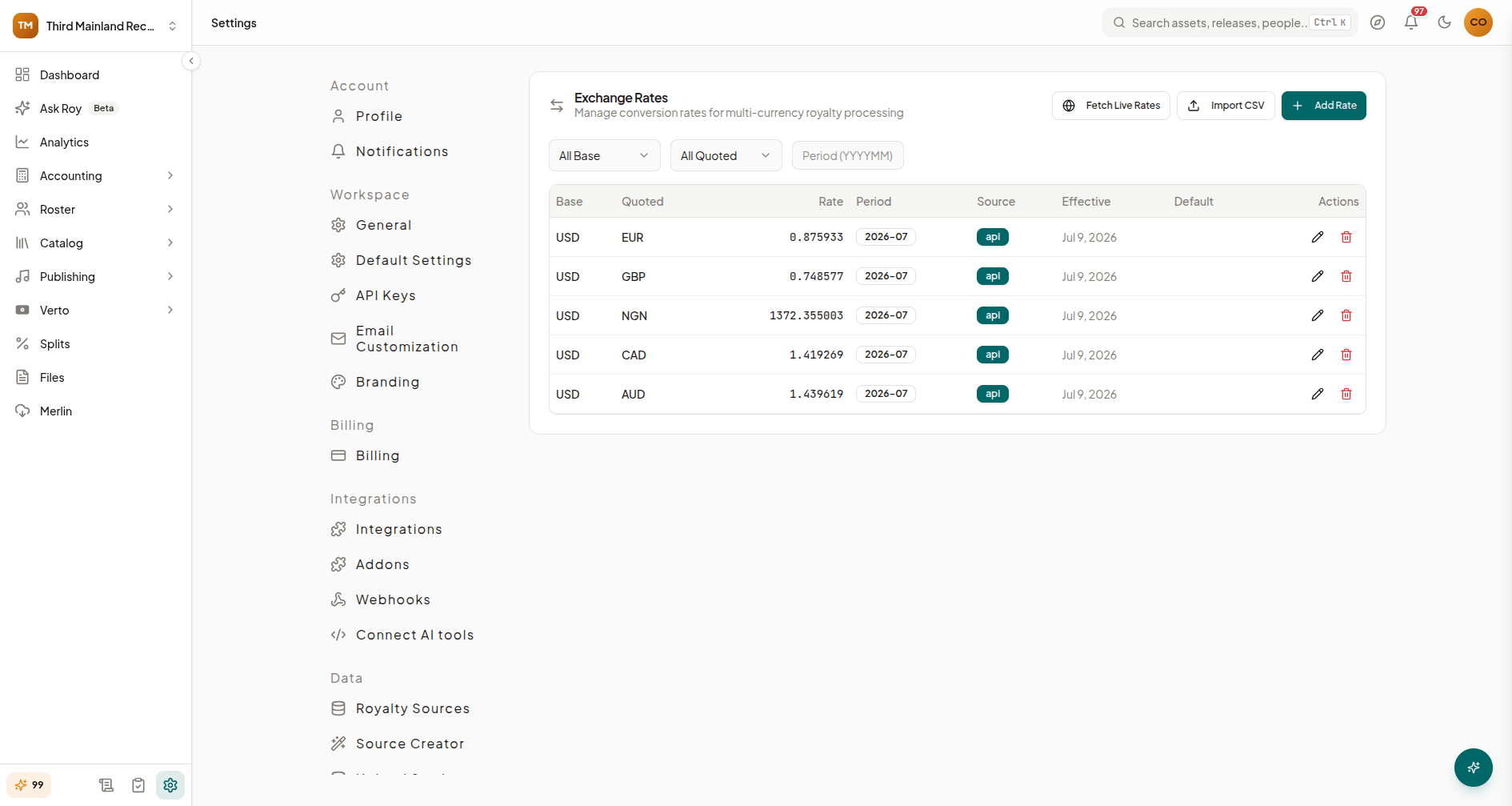 Exchange Rates settings page listing rates with Add Rate and Fetch Live Rates actions