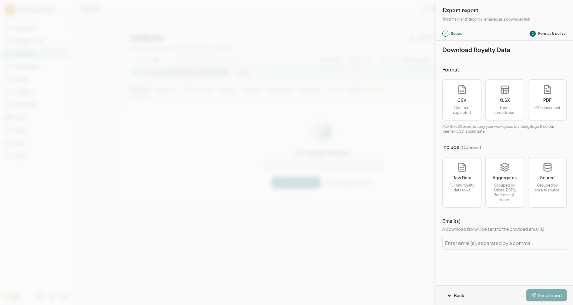 Royalti export dialog with format and content options