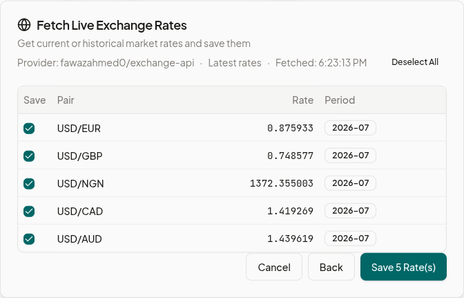 Fetch Live Rates dialog showing a preview of pulled exchange rates