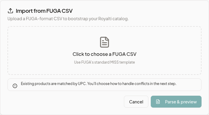 FUGA CSV import tool showing upload step and match preview