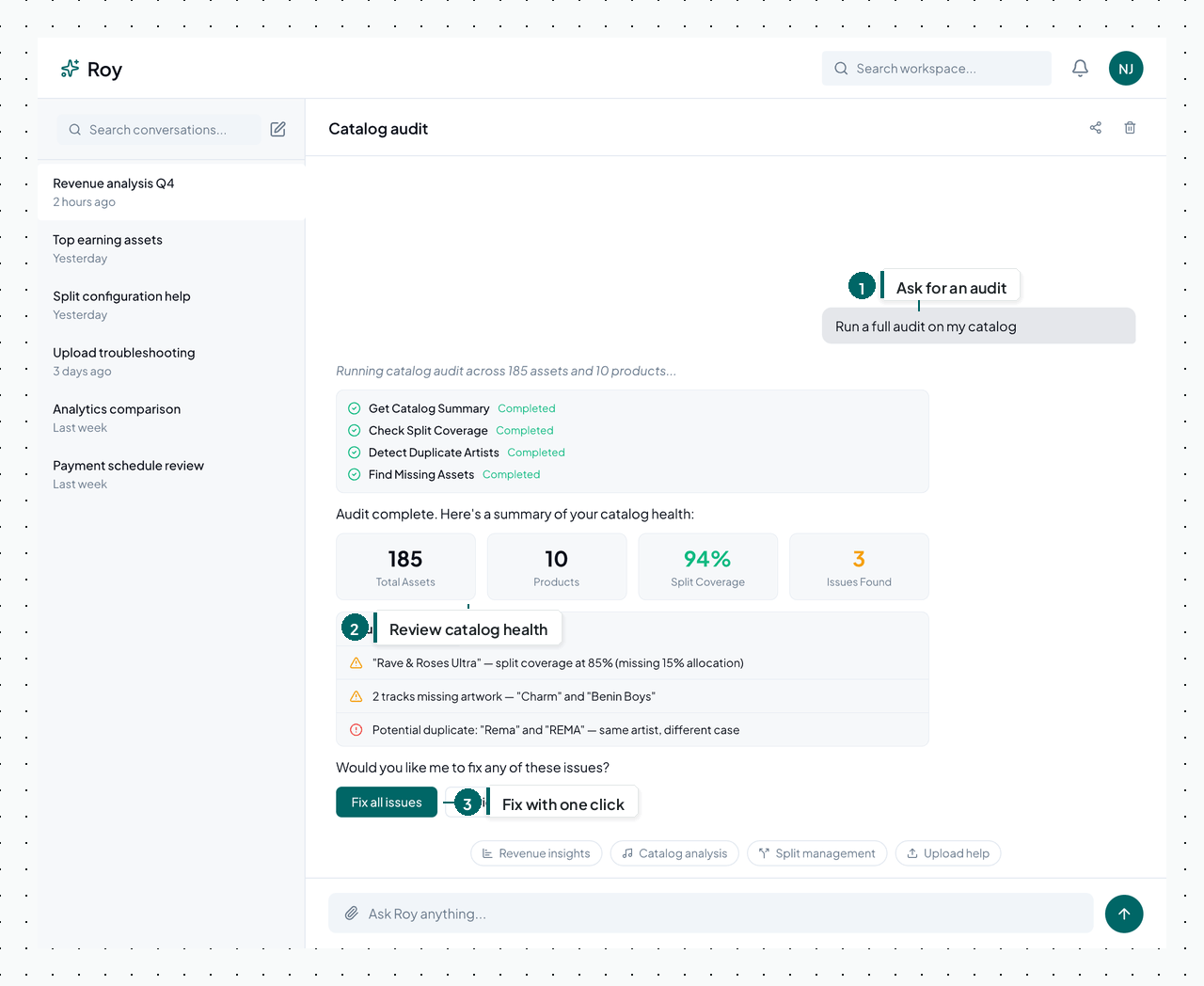 Ask Roy catalog audit — annotated steps showing how to request an audit, review health stats, and fix issues