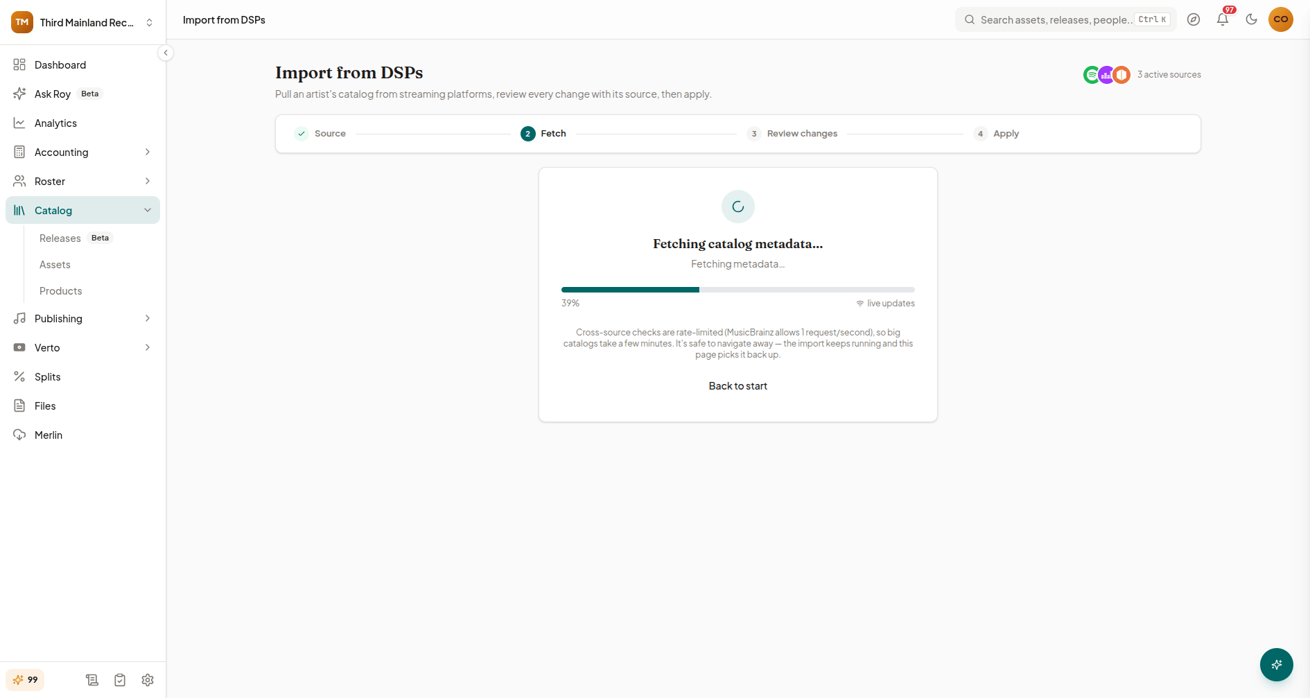 Import from DSPs Fetch step showing a live progress bar while metadata is pulled