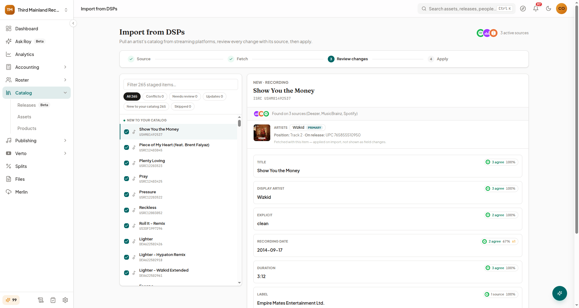 Review changes step showing staged items grouped into Conflicts, Needs review, Updates, New, and Skipped