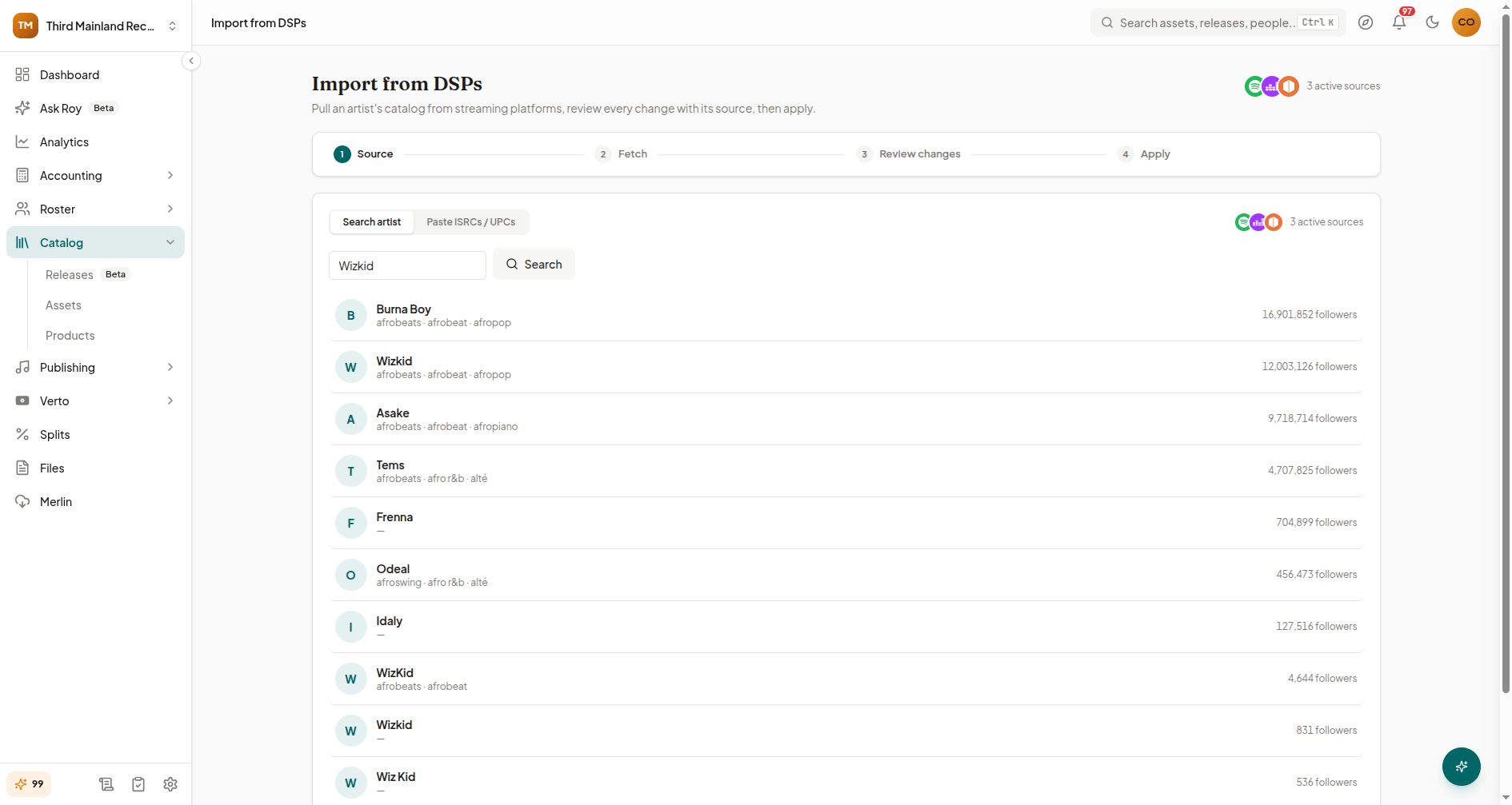 Import from DSPs Source step with Search artist and Paste ISRCs/UPCs options