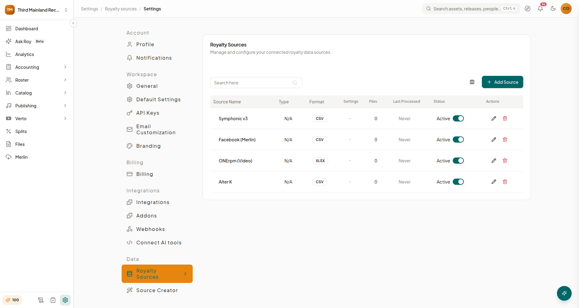 Royalty Sources settings table listing connected sources with currency and fee rate columns