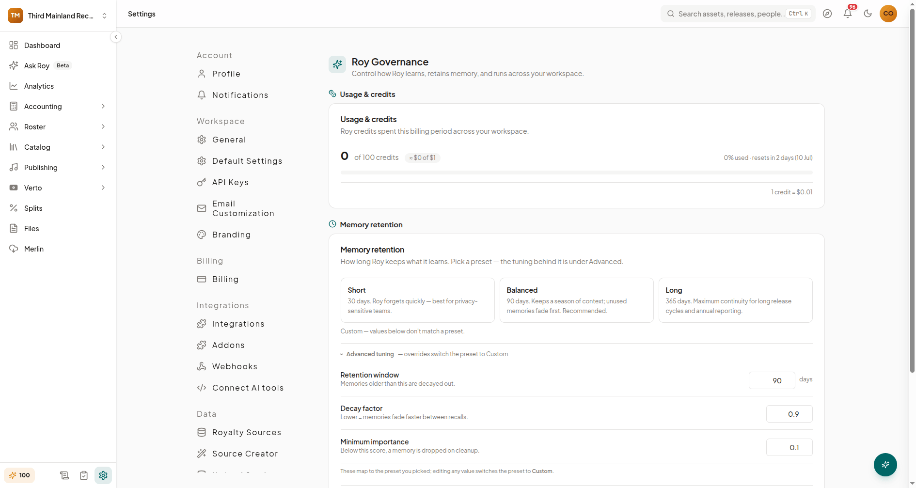 Settings AI Governance page showing usage credits and model status