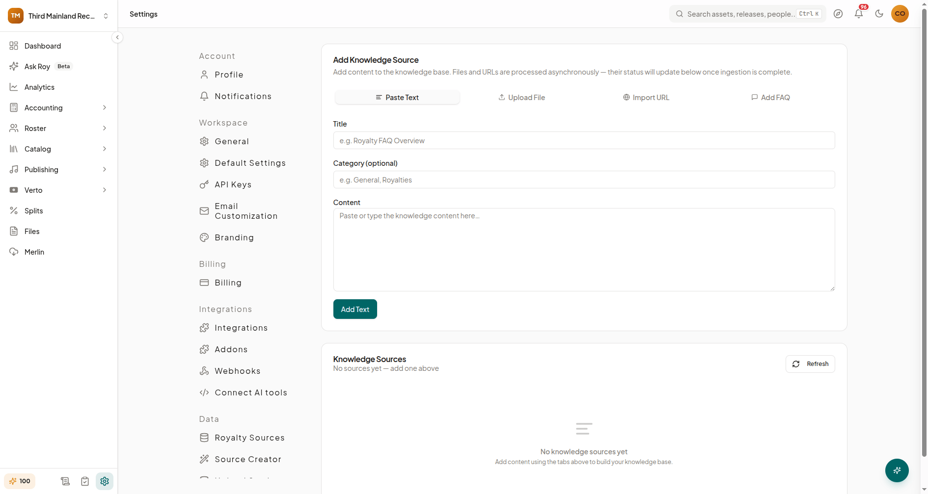 Settings AI Knowledge Base page listing sources