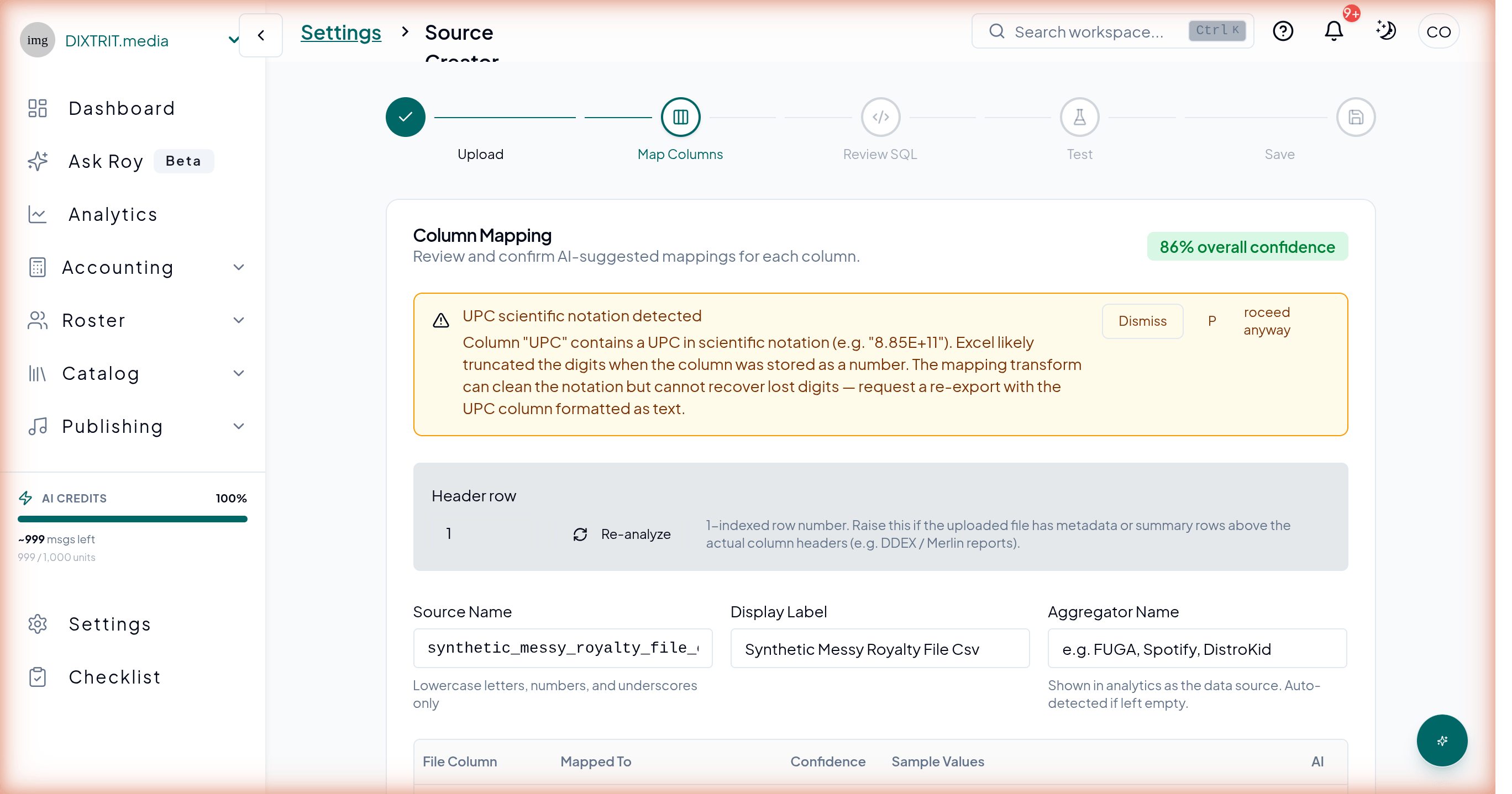 Royalti Source Creator column mapping table with nine columns detected, confidence scores, and sample values including sub-cent royalty amounts like $0.003 and $0.00069 at adaptive precision.