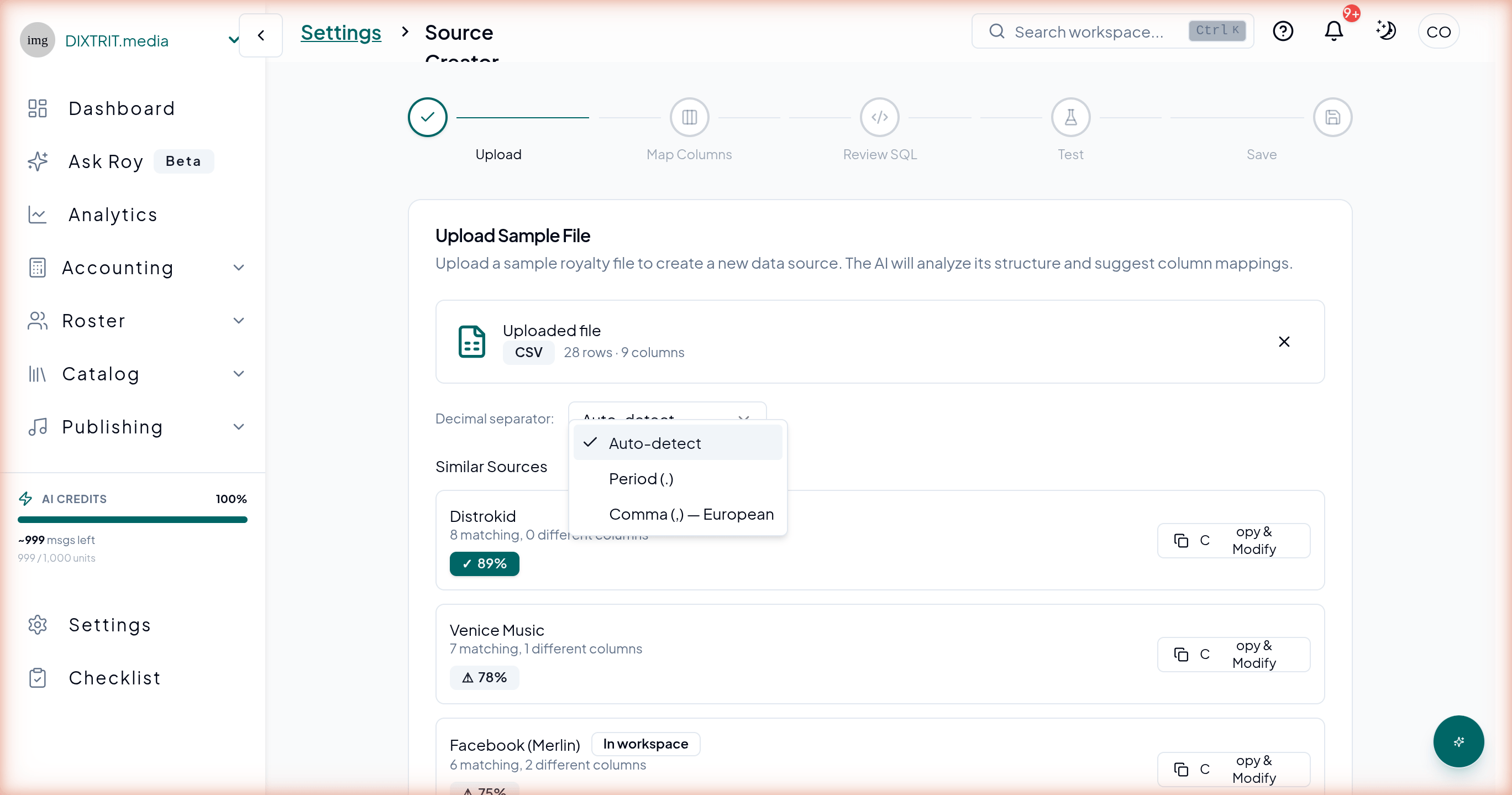Royalti Source Creator upload step with the decimal separator dropdown open, showing Auto-detect, Period (.), and Comma (,) — European options.