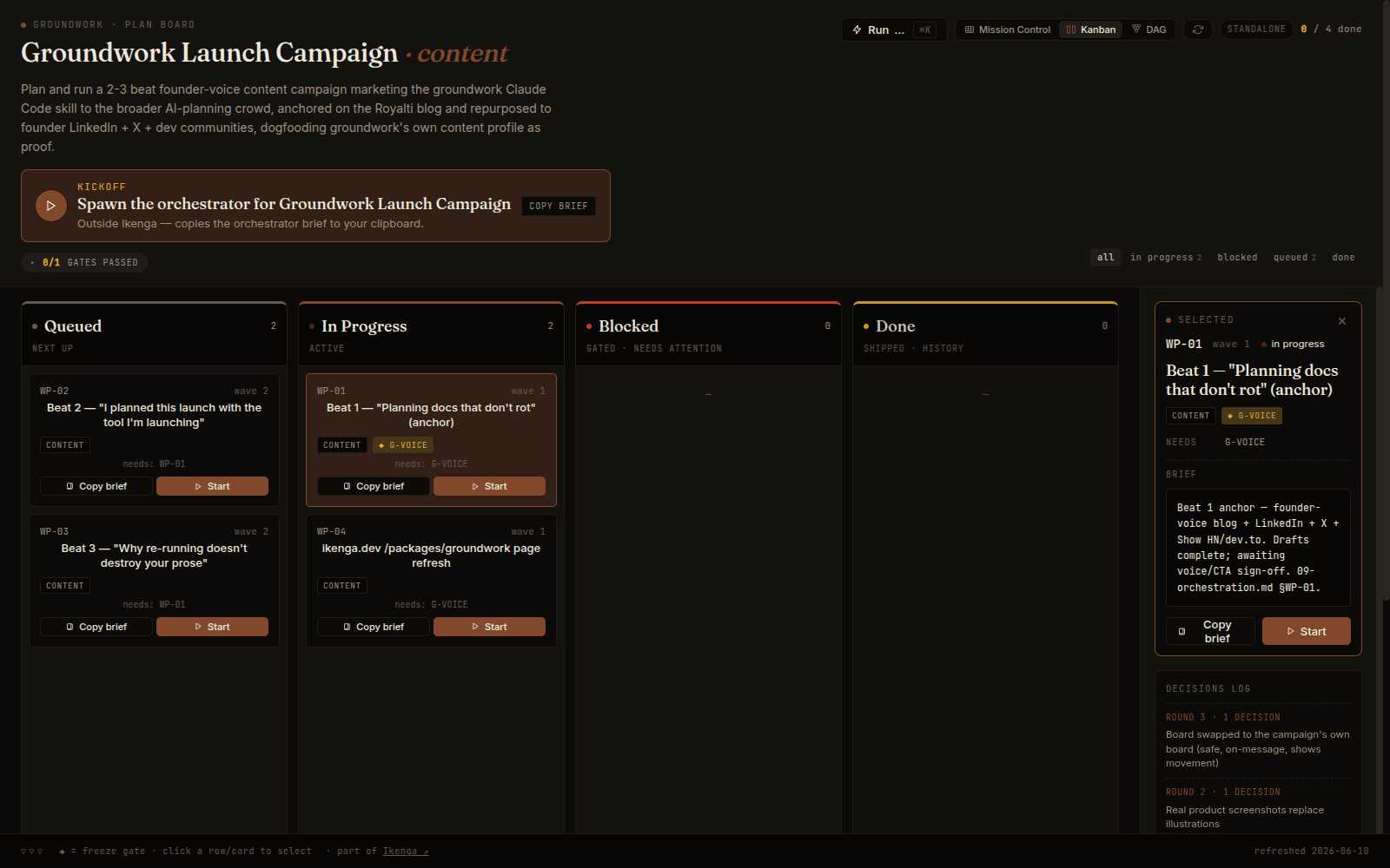 A groundwork plan board in its Kanban view — Queued, In Progress, and Done columns with a selected work package's brief
