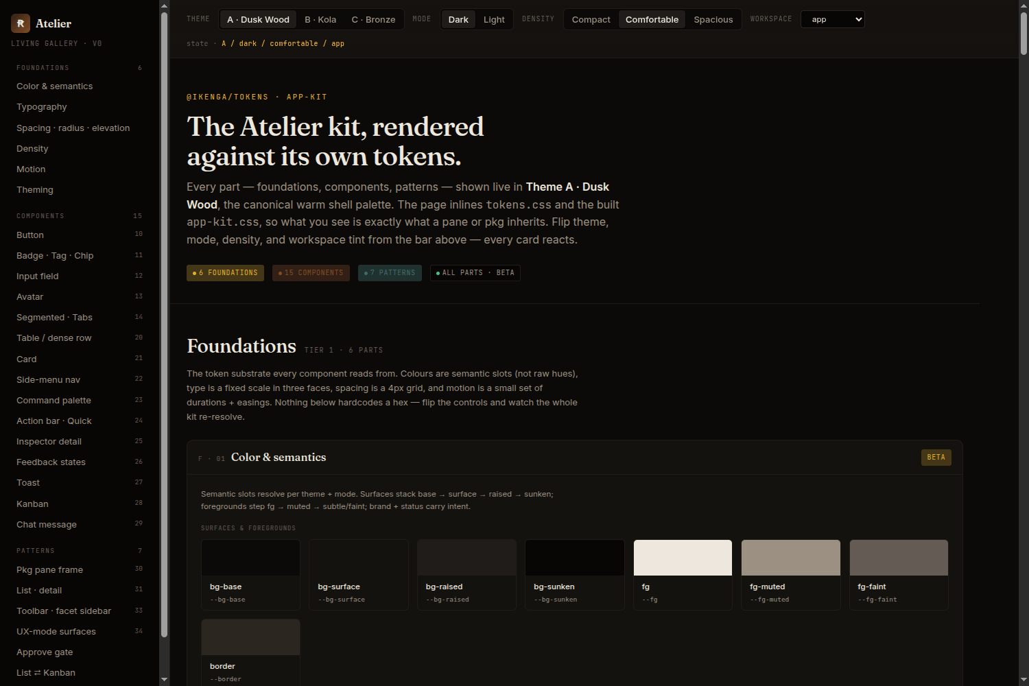 A design-system profile's living gallery — foundations and components rendered against their own tokens, each part tracked as it locks