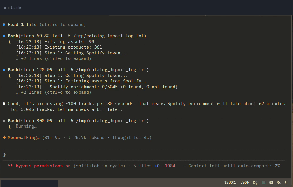 Claude Code terminal session tailing an enrichment log: 99 existing assets, 361 existing products, 5045 tracks to enrich, Spotify enrichment counter at 0/5045, and Claude note that at ~100 tracks per 80 seconds the phase will take about 67 minutes.