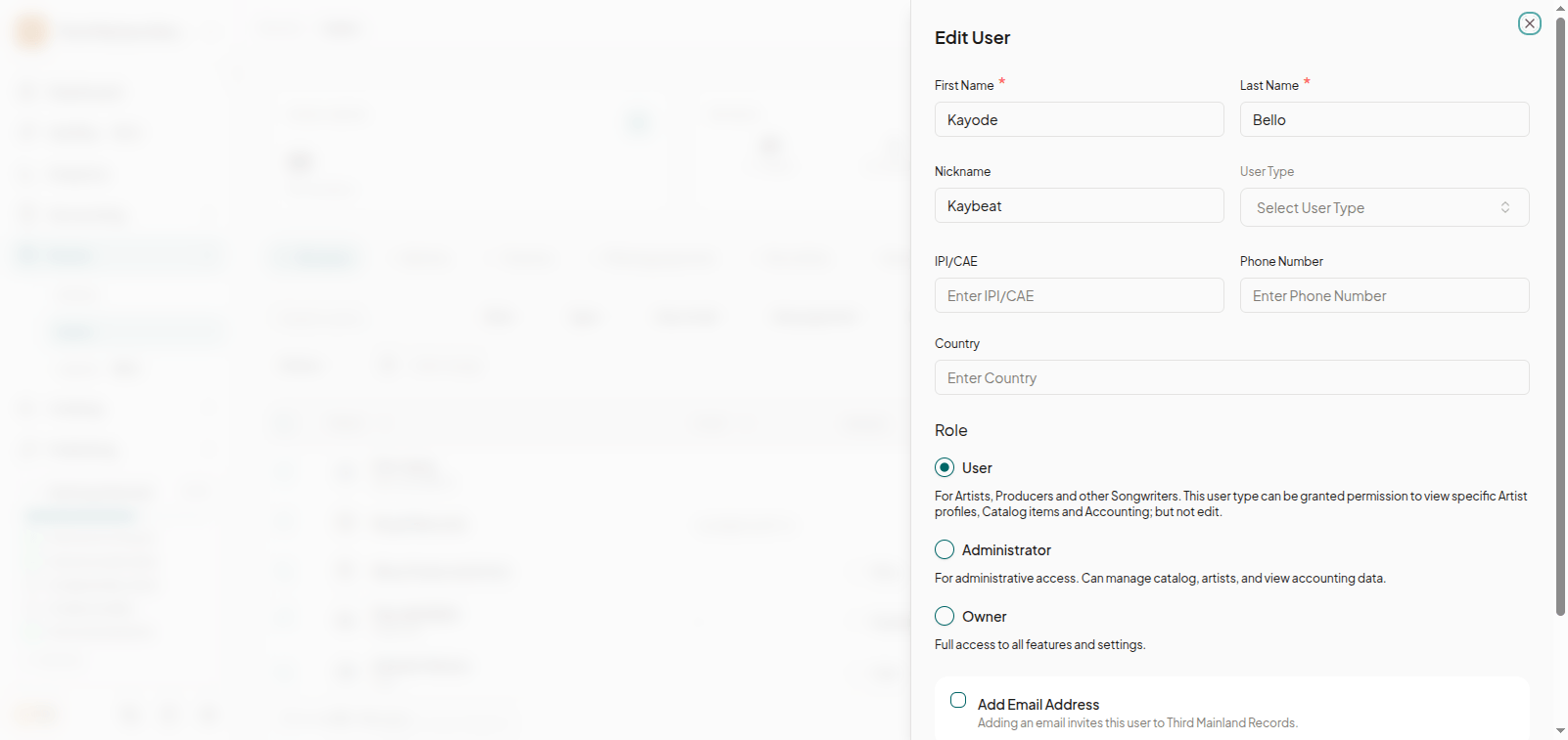 Royalti user management screen changing a member's role